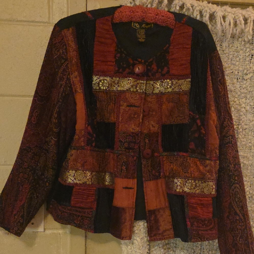 Mirasol Patchwork Velvet Blazer in Rust and Black with Gold Trim